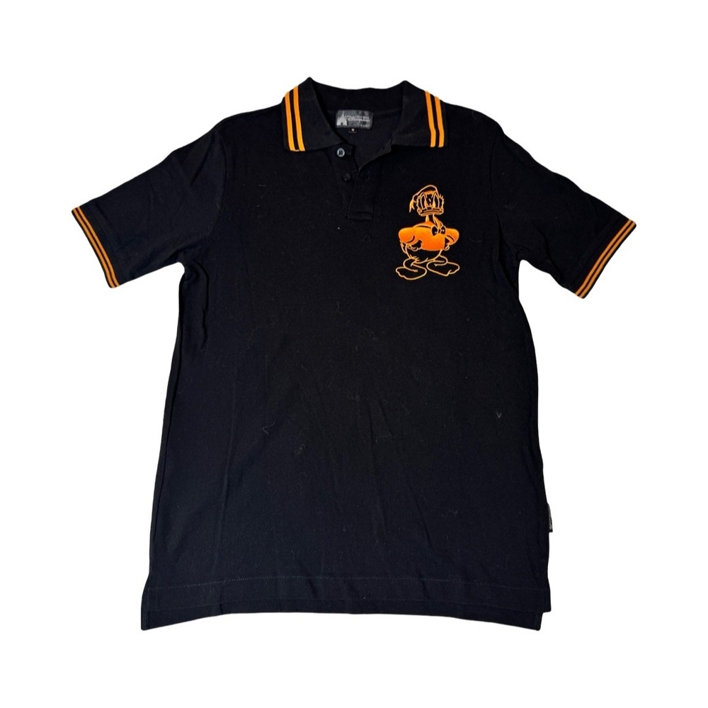 Hong Kong Disneyland Donald Duck Polo Shirt Mens Medium Black‎ Orange Pique Knit